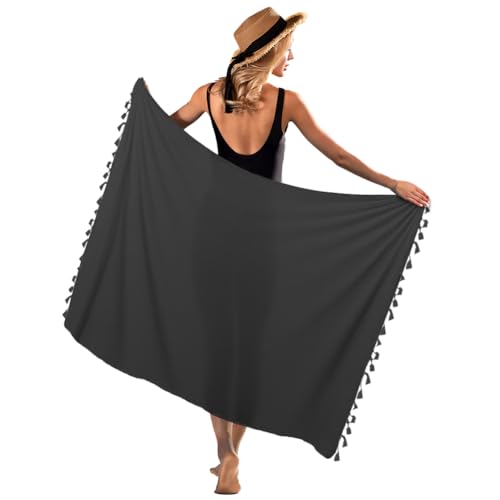 DiULi Strand Wickelrock Sarong, Damen Sarong Pareo Schwarz, Wickeltuch Bikini Cover Up mit Quasten, Wickelrock Groß für Strand Rock Swimsuit