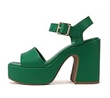 Soda LAUNCH ~ Women Open Toe Ankle Strap Platform Chunky High Heeled Sandal (Emerald Green PU, 6)