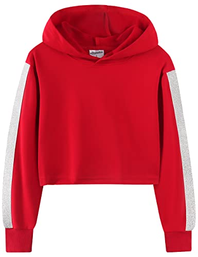Noomelfish Girls Sparkle Long Sleeve Crop Tops Cropped Hoodies Pullover Sweatshirts, Red, Size 5-6 Years