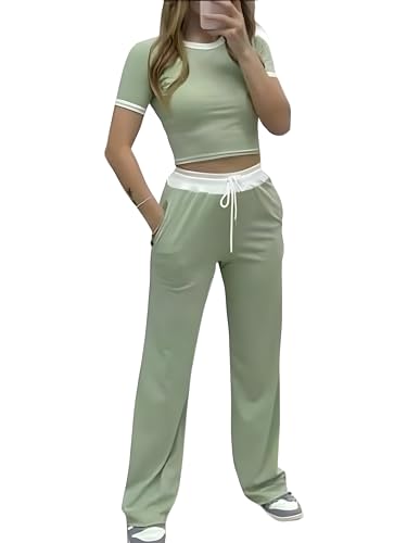 STAR FASHION Womens Contrast Trim Tracksuit Ribbed Cropped T-Shirt Trouser Ladies 2Pcs Co-Ord Set Short Sleeve Crop Tee Top Loose Fit Wide Leg Bottoms Mint-12-14