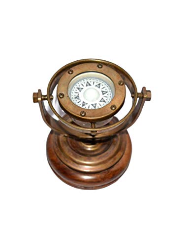 Antique Brass Nautical Vintage Ship's Binnacle Gimballed Compass with Wooden Base Replica Collectible Navigational Gift