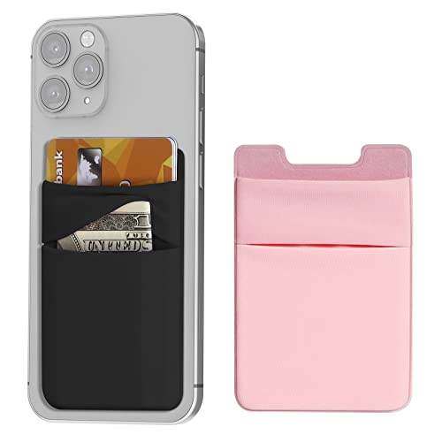 COCASES Phone Card Holder, Phone Pocket Stretchy Lycra Adhesive Card Holder for Credit Card & ID Stick On Smartphones, Compatible with iPhones, Samsung Galaxy (Black Pink)