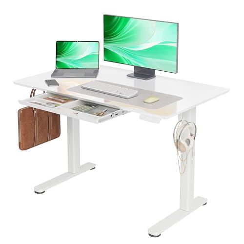 Image of YDN Glass Standing Desk with Drawer, 48 x 24 Inches Electric Adjustable Height Desk, Sit Stand Home Office Desk with Tempered Glass Top, White