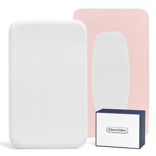 Image of 38x26x1.5 Breathable Crib Mattress Protector, Gel Memory Foam Toddler Mattress, Portable Crib Mattress Cover with Sheet for Mini Cribs & Baby Bassinet (Pink)