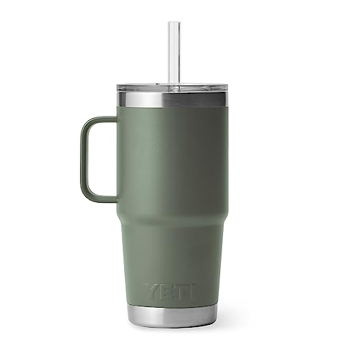 Image of YETI Rambler 25 oz Tumbler with Handle and Straw Lid, Travel Mug Water Tumbler, Vacuum Insulated Cup with Handle, Stainless Steel, Camp Green