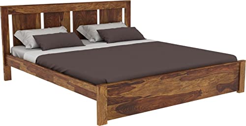 Image of Wooden Queen Size Bed Without Storage | Wooden Double Bed Cot Bed for Bedroom Furniture | Palang Double Bed for Hotels | Solid Sheesham Wood, Brown, Mattress Size: 78 X 60 in