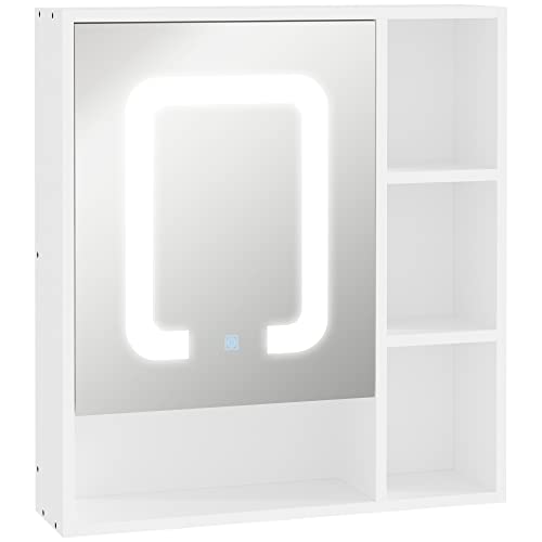 kleankin Armario con Espejo de Baño con Luz LED Armario de Baño Colgante con Puerta 4 Estantes Abiertos Función de Memoria e Interruptor Táctil Estilo Moderno 60x15x65 cm Blanco