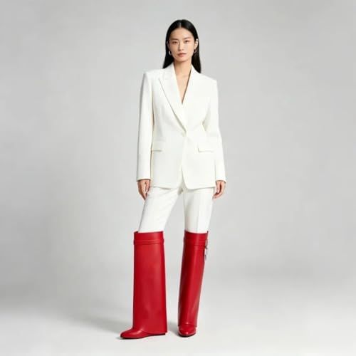 Image of keleimusi Fold Over Wedge Boots Heeled PadLock Pant Knee High Shoes Tall /Short Booties