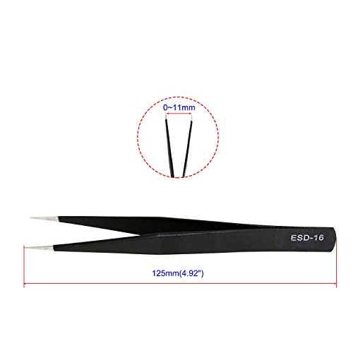 Aoje-Link ESD-16 Professional Anti-Static Precision Technology Tweezers, Non-Magnetic Straight Pointed Tip, Stainless Steel Plastic Coated, Full Length 125mm, Black, 4pcs - Image 2