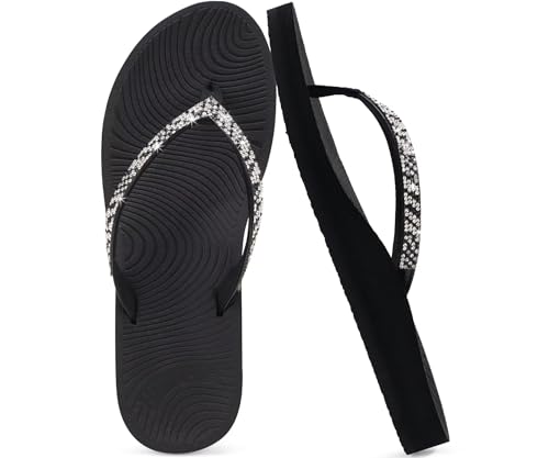 KuaiLu Women's Rhinestone Flip Flops with Comfort Arch Support Yoga Mat Cushion Sandals Fashion Summer Beach Pool Travel Orthotic Walking Thong Sandles Slip on Plantar Fasciitis Black 8