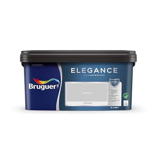 Bruguer ELEGANCE Pintura Monocapa ExtraMate, Paredes y Techos, Interior, Exterior protegido, Alta Durabilidad, UltraLavable, Resistente al Desgaste y Manchas Gris Pluma 4L