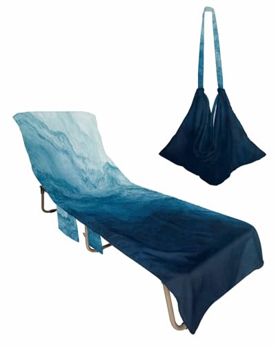 Coastal Blue Beach Chair Towel Covers for Chaise Lounge with Side Pocket, Soft Plush Pool Towels Cover for Patio Sunbathing Outdoor 29''x85'' Beach Ombre Abstract Modern Gradient Waves