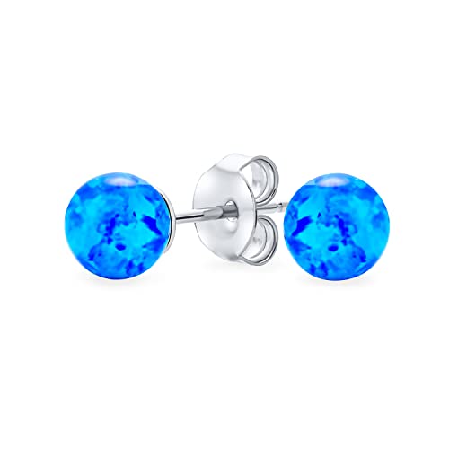 Minimalist Simple Basic Round Bead Gemstone Created Opalescent Blue Opal Ball Stud Earrings For Women October Birthstone 6Mm #TOP3