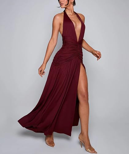 Image of Ekaliy Women's Sexy Halter Deep V Neck Maxi Dress Sleeveless Backless High Slit Ruched Long Dress Summer Party Cocktail Dress