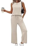 SAMPEEL Two Piece Set for Women Summer Outfits Beach Vacation Clothes Trendy Lounge Sets Travel Cruise Resort Wear Wide Leg Crop Pants Sets Beige M