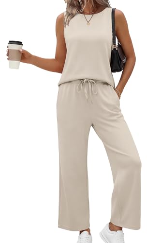 Sampeel Two Piece Set for Women Summer Cruise Outfits Beach Vacation Clothes Capsule Wardrobe Trendy Lounge Sets Travel Airport Outfits Resort Wear Wide Leg Crop Pants Sets Beige M