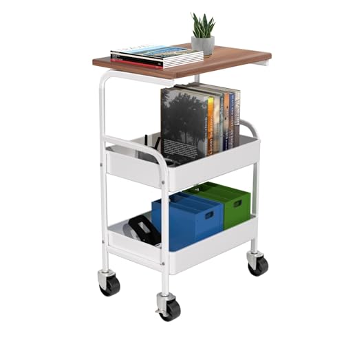 Image of HIDODO Rolling Cart with Wooden Tabletop, 3 Tier Metal Utility Cart, Rolling Storage Organizer Cart with Lockable Wheels for Kitchen, Office, Bedroom (White)