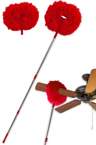 Tierneys【ティアニーズ】 ほこり取り シーリングファン 高所 掃除 ロングモップ 中空穴 3本継ぎ 最長144cm 水洗い (赤, 交換ヘッド付きセット)