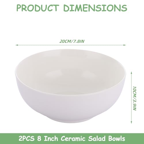 WOPPLXY 2 PCS Large Salad Bowl, 1400ML Porcelain Big White Serving Bowl Cereal Bowl, 8 Inch Ceramic Solid Pho Soup Bowl Serving Dishes Breakfast Bowl - Image 3