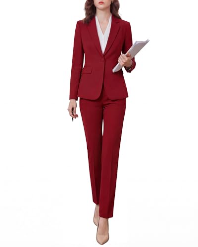 QRNPV Womens Two Piece Pants Suits - Wrinkle-Free High End Business Dressy Formal Casual Blazer Set - Professional Work Office Outfit Red