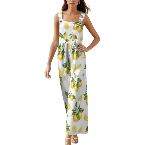 BKLQFTSGKL Lemon Jumpsuits for Women Cute Sweet Fruit Wide Leg Overalls with Pockets Casual Baggy Rompers for Summer Beach