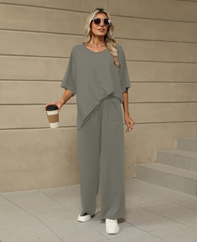 Image of KevaMolly 2 Piece Lounge Set for Women Postpartum Oversized Tops and Wide Leg Pants Soft Comfy Pajamas Set 2 Piece Outfits