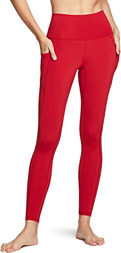 Tsla Women's Tummy Control Yoga Pants With High Waist And Running Yoga Leggings With Convenient Pockets For Workouts, Pocket Peachy Red, Small #TOP2