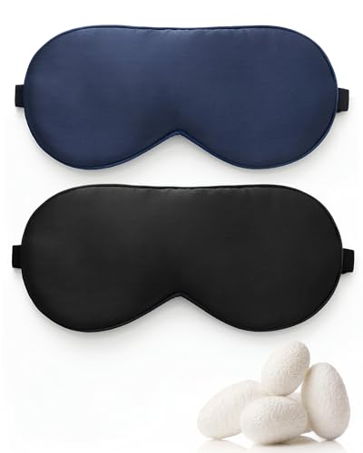 lulir 2 Pack 100% Mulberry Silk Sleep Mask with Adjustable Strap, 16-Momme Light-Blocking Hypoallergenic Eye Mask for Sleeping, Pure Silk Eye Masks for Women Men Travel Gifts（Black + Navy Blue）