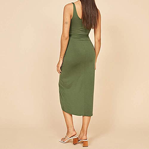 Exlura Women's Summer Sleeveless Solid Split Front Bodycon Midi Tank Dress With Belt Green #TOP4