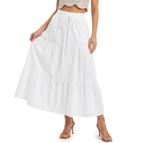 DiULi Jupe Longue Femme Taille Haute, Jupe Bohème Légère A-Line avec Cordons de Serrage, Ceinture Élastique, Volants Superposés, Robe Maxi pour Plage...