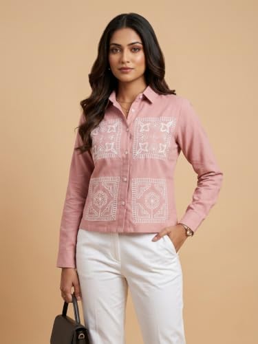 Image of Stylish Women's Embroidered Shirts | Geometric Pattern Half Sleeve Collared Button-Up Casual Shirt for Women