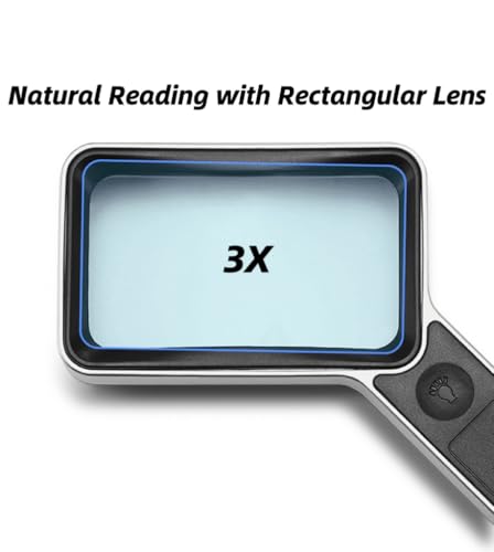 Handheld Magnifying Glass with Light, 3X Rechargeable Rectangle Magnifier with Dimmable 6 LEDs for Reading Small Fonts, Crafts, Low Visions, Seniors