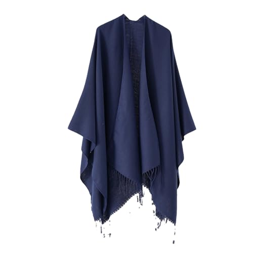 Fjnbbiot Scialle da donna, mantello, imitazione cashmere, nappe, scialle, cardigan, maglione, scialle in cashmere, blu navy, Taglia unica