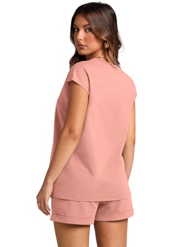 Image of WIHOLL 2 Piece Sets for Women Casual Summer Travel Vacation Outfits Cap Sleeve Shorts Lounge Set