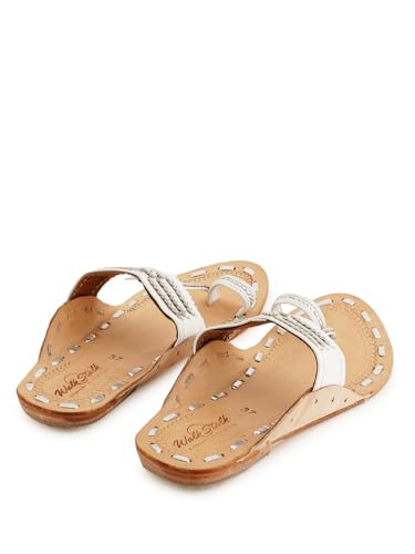 Image of Women's Genuine Leather Handmade Kolhapuri Flats Slip Ons Sandals for All Occasions - White & Silver