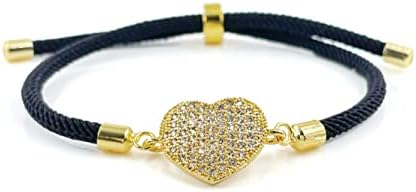 CRUZONE Love Brilliant Heart Charm Adjustable Soft Cord Bracelets for Women with Micro Pave CZ Zirconia (Black)
