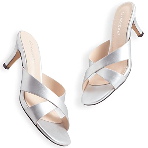 Greatonu Women's Heeled Sandals Women Square Toe Slip On Cross Strap Slide Mules Heels Low Kitten Heeled Sandals Size 8 Silver #TOP3