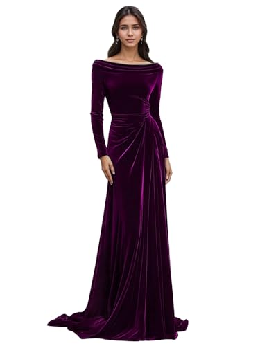 Dansiuey Fall Bridesmaid Dresses Scoop Neck Velvet Prom Dress Long Sleeve Formal Evening Gowns for...