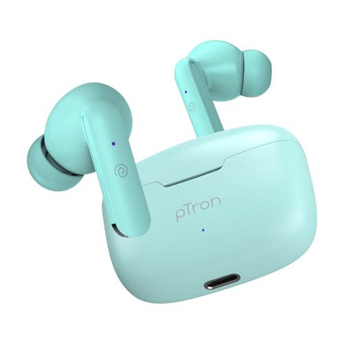 Image of pTron Basspods P81 in-Ear Wireless Earbuds, Pristine Sound, 32Hrs Playtime, Clear Calls TWS Earbuds, Bluetooth V5.1 Headphone, Type-C Fast Charging, Voice Assist & IPX4 Water Resistant (Mint Green)