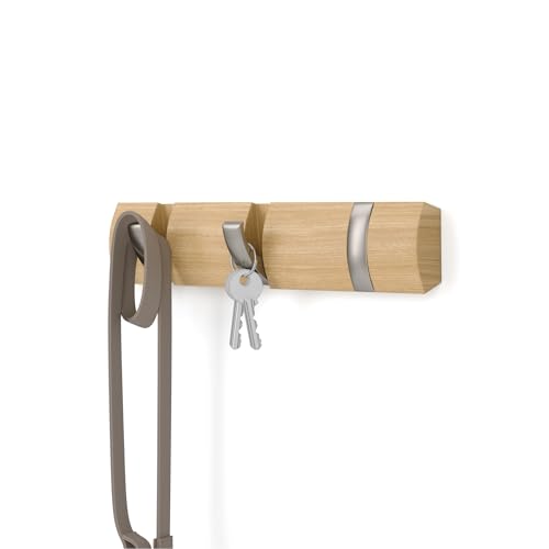 Umbra Flip Wall-Mounted Coat Rack with 3 Hooks – Modern, Space-Saving Storage for Hats, Jackets, Bags, Entryway, Mudroom, Closet, Bathroom, Bedroom – Natural/Nickel