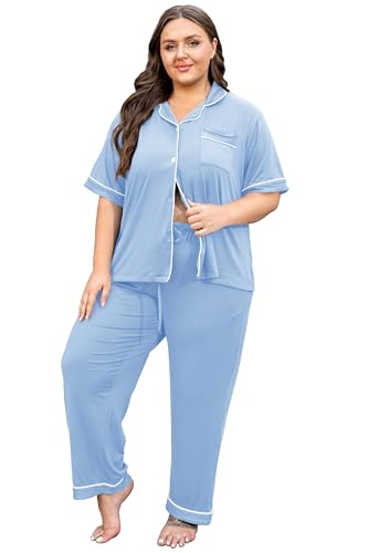 Image of Vozanet Women's Plus Size Pajamas Button Down Shirt and Pants Soft Lounge Sets Bride Nighty Bottom with Pockets 1x to 5x