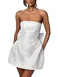 Xijun White Embroidery Satin Short Wedding Dress for Bride Strapless Mini Elegant Bridal Gown Sleeveless with Bow Corset Back US12