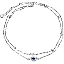 POPLYKE 925 Sterling Silver Double Layered Chain Evil Eye Daisy Sunflower Butterfly Anklets for Women Holiday Beach Crystal Ankle Bracelet Dainty Evil Eye Jewelry