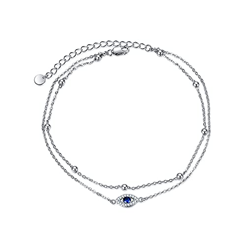 Image of POPLYKE 925 Sterling Silver Double Layered Chain Evil Eye Daisy Sunflower Butterfly Anklets for Women Holiday Beach Crystal Ankle Bracelet Dainty Evil Eye Jewelry