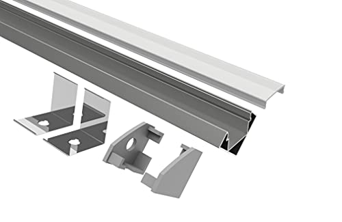 Tivendis Led Alu Profil 2 m E45 Komplett Set für Strip/Streifen bis 12 mm breit | Abdeckung satiniert milchig, Endkappen, Befestigungclips | L-Form Winkel Ecke Winkelprofil Eckprofil eloxiert
