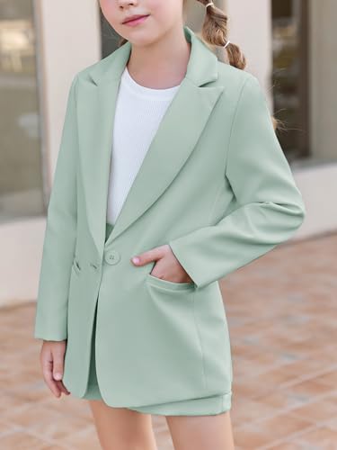 Image of Batermoon Girls 2 Piece Outfits Button Front Long Sleeve Blazer and Short Pants Suit Sets 4-14 Years