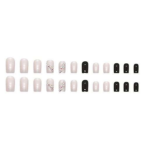 Gors White Press On Nails Medium Fake Nails Stacked Diamond Square Summer Black Glue On Nails,Full Cover Stick On Nails False Nails,Acrylic Nails Artificial Nails For Women 24Pcs/Set #TOP4