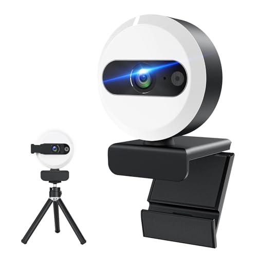 2K webcam pour pc, Caméra de Streaming avec éclairage Circulaire/trépied/Microphone, streamcam 360° Rotation, Protection de la Vie Privée, USB 2.0 Plug&Play, web camera pour ordinateur vidéoconférence
