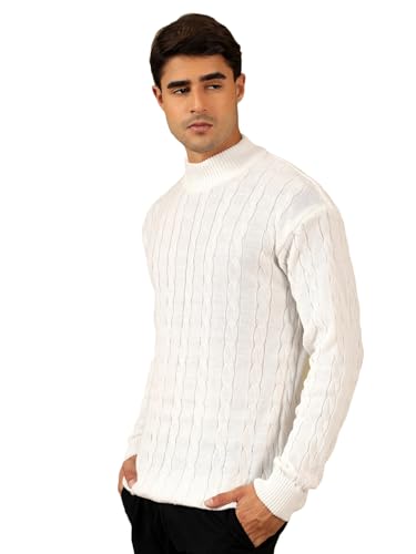 Image of Kvetoo Men's High Neck Cable Knit Sweater | Winter Pullover | Warm Wool Blend |Casual Full Sleeve Sweater for Men | Stylish Ribbed Neck Slim Fit Winterwear