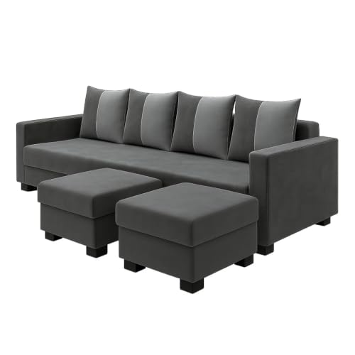 Image of SOCOZI Braviza 6 Seater L Shape Sofa Set with 2 Movable Ottomans | Flexible Layout | Soft Velvet Suede Fabric | Modern Design | Plush Comfort Cushions for Living Room (Dark Grey-Light Grey)